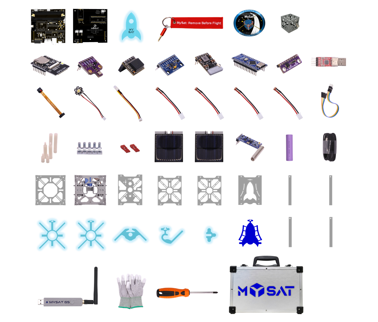 Vneshniy vid nabora. Vse komponenty, soderzhashchiyesya v nabore. Vneshniy vid sobrannogo sputnika. Osobennosti komplektatsii nabora. 127 Kit appearance. All components included in the MySat Space Geek kit